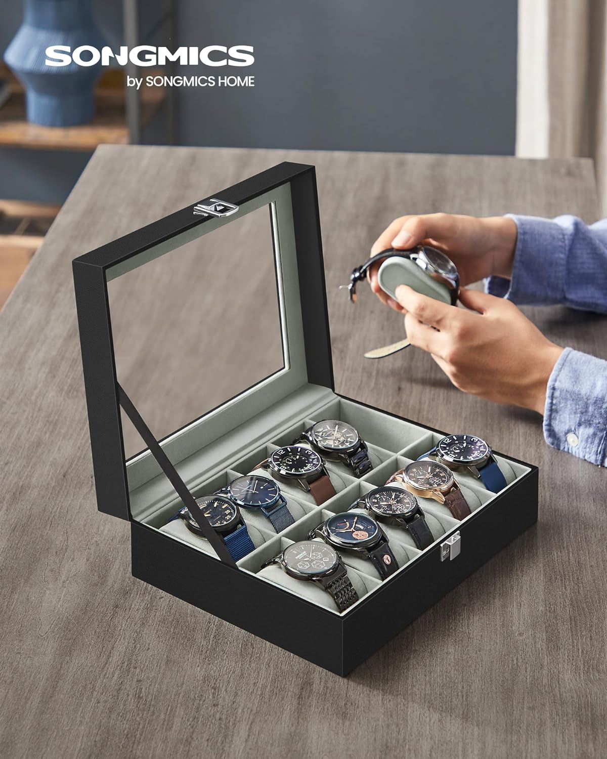 SONGMICS Watch Box for 10 Watches with Glass Lid and Removable Watch Pillows Black Synthetic Leather Grey Lining