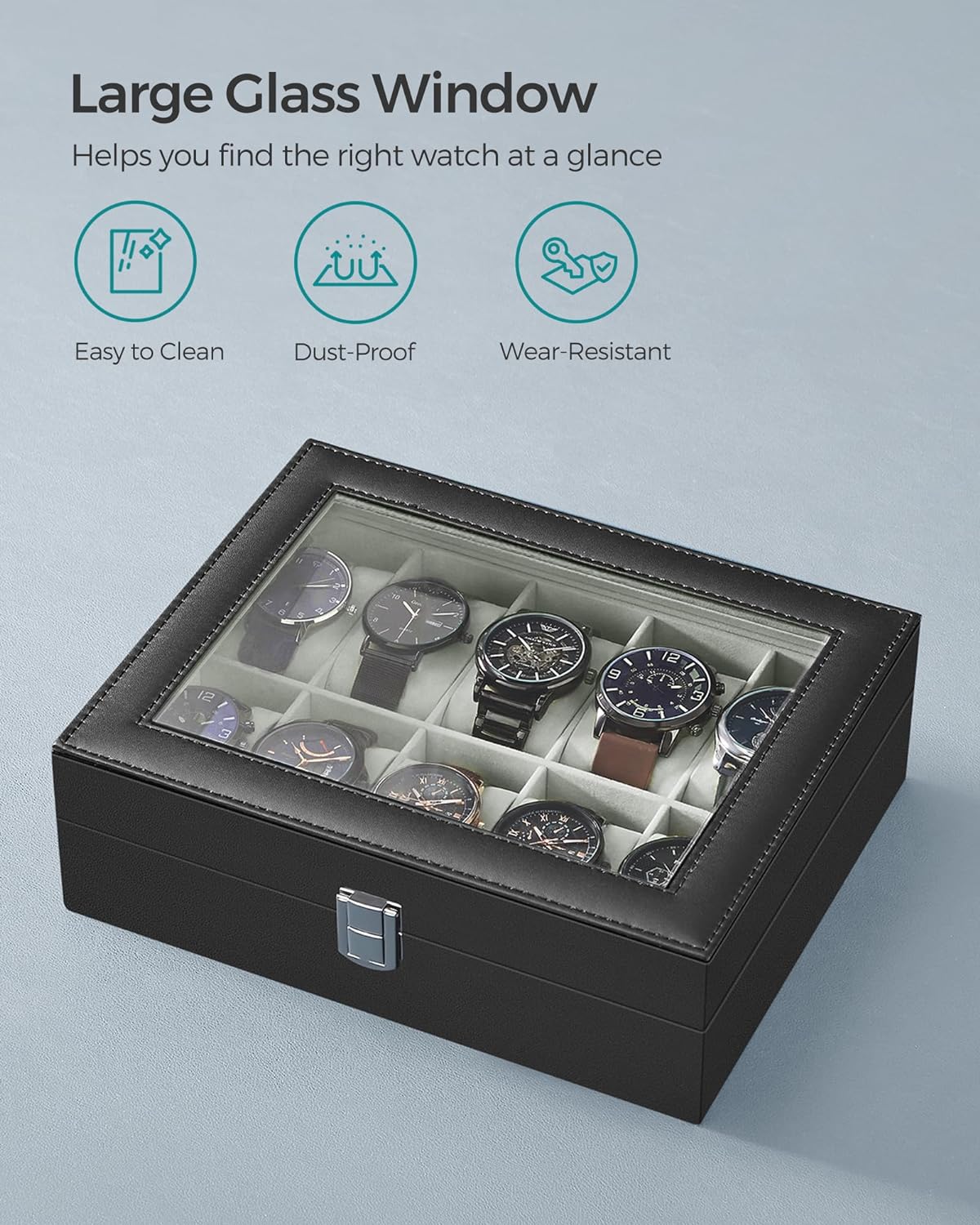 SONGMICS Watch Box for 10 Watches with Glass Lid and Removable Watch Pillows Black Synthetic Leather Grey Lining
