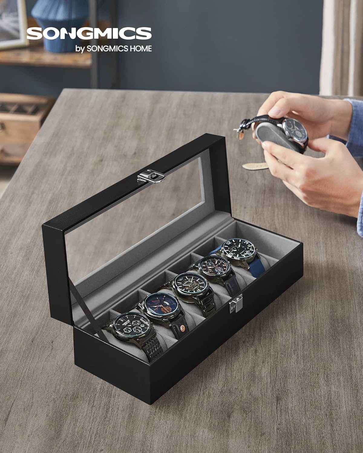 SONGMICS Watch Box for 6 Watches with Glass Lid and Removable Watch Pillows Black Synthetic Leather Grey Lining
