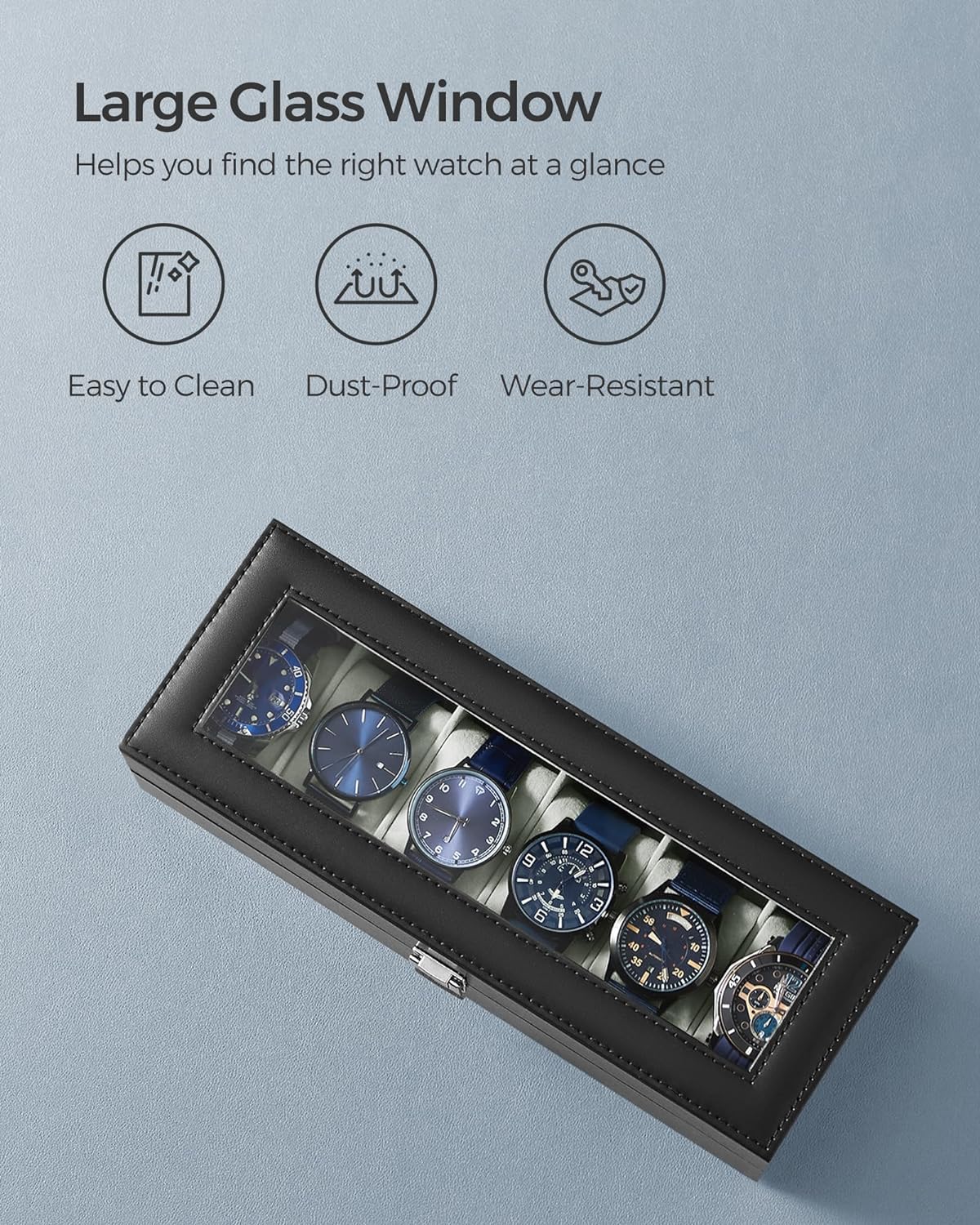 SONGMICS Watch Box for 6 Watches with Glass Lid and Removable Watch Pillows Black Synthetic Leather Grey Lining