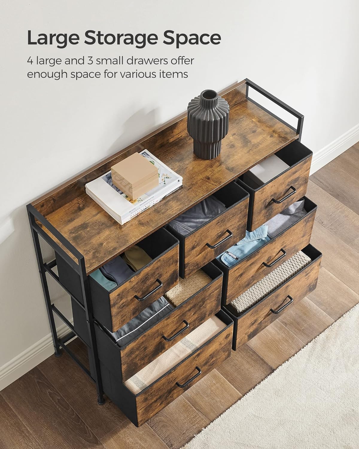 SONGMICS Dresser for Bedroom Chest of Drawers Rustic Brown and Black