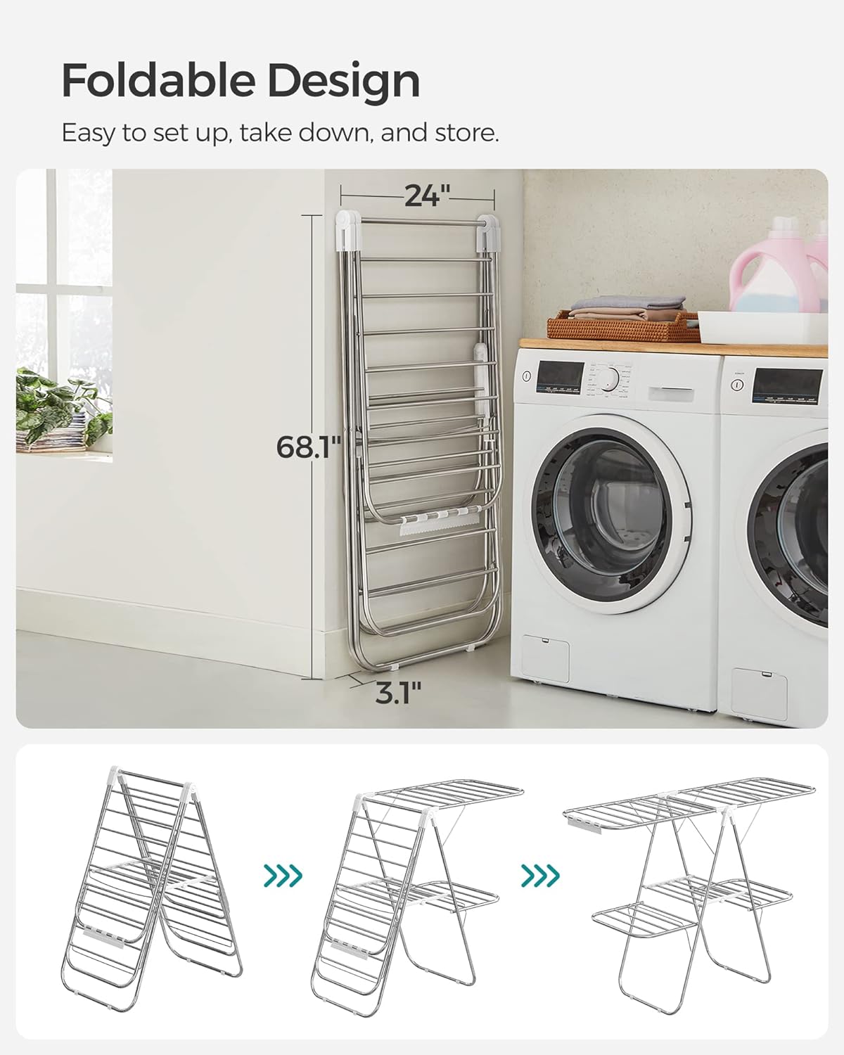 SONGMICS Foldable 2-Level Large Clothes Drying Rack with Adjustable Wings 33 Drying Rails and Clips Silver and White