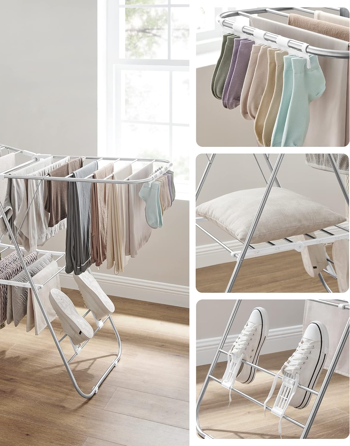 SONGMICS Foldable Clothes Drying Rack with Adjustable Wings Stainless Steel White and Silver