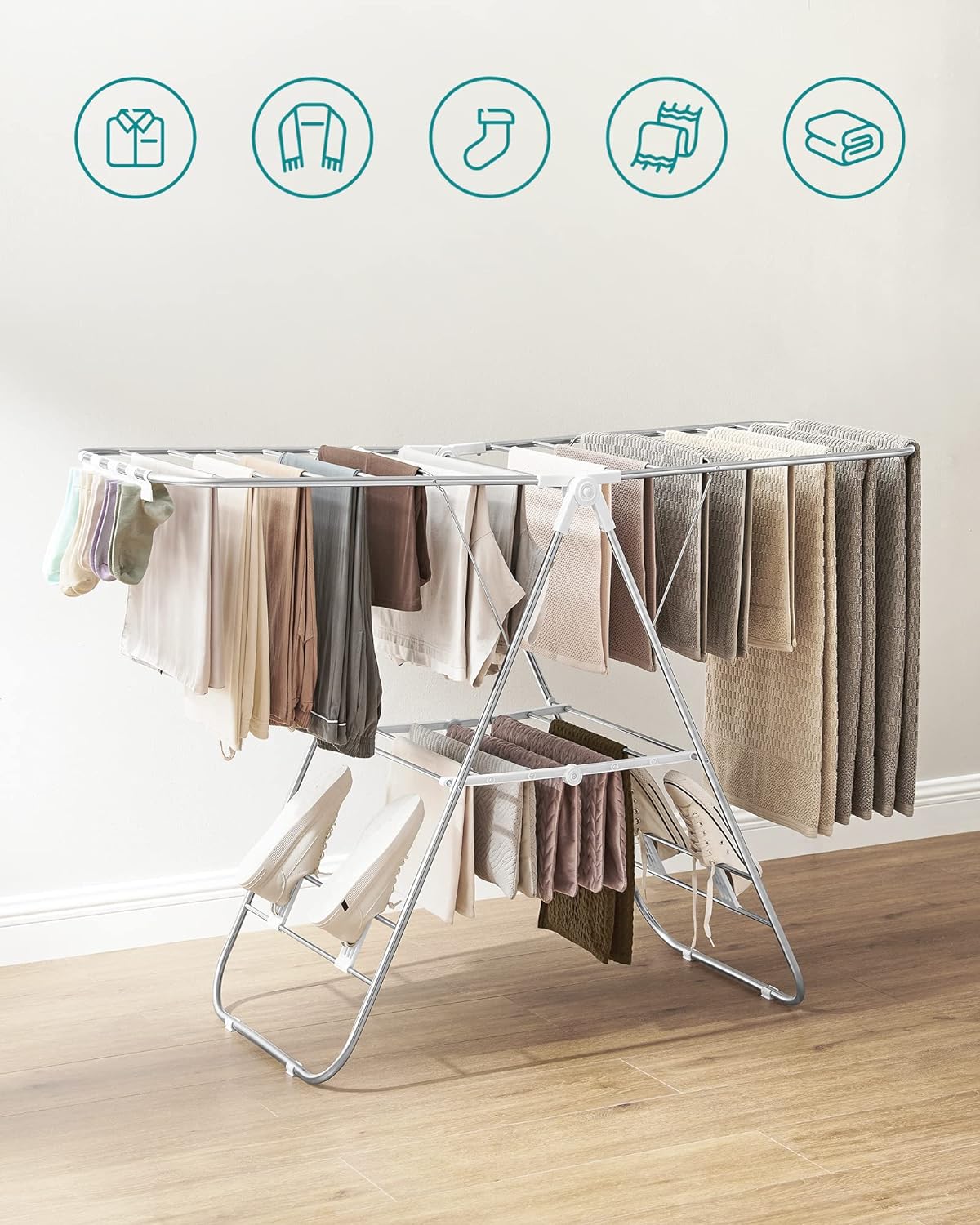 SONGMICS Foldable Clothes Drying Rack with Adjustable Wings Stainless Steel White and Silver