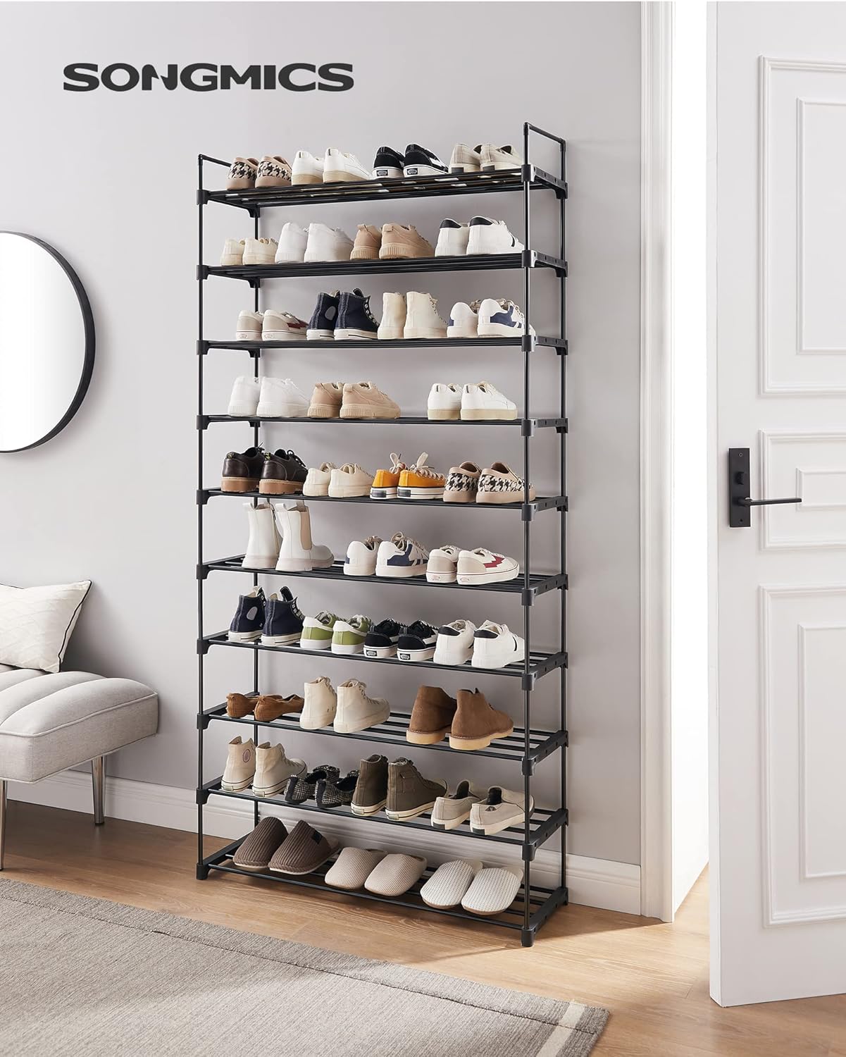 SONGMICS 10 Tier Metal Shoe Rack for 50 Pairs of Shoes Black