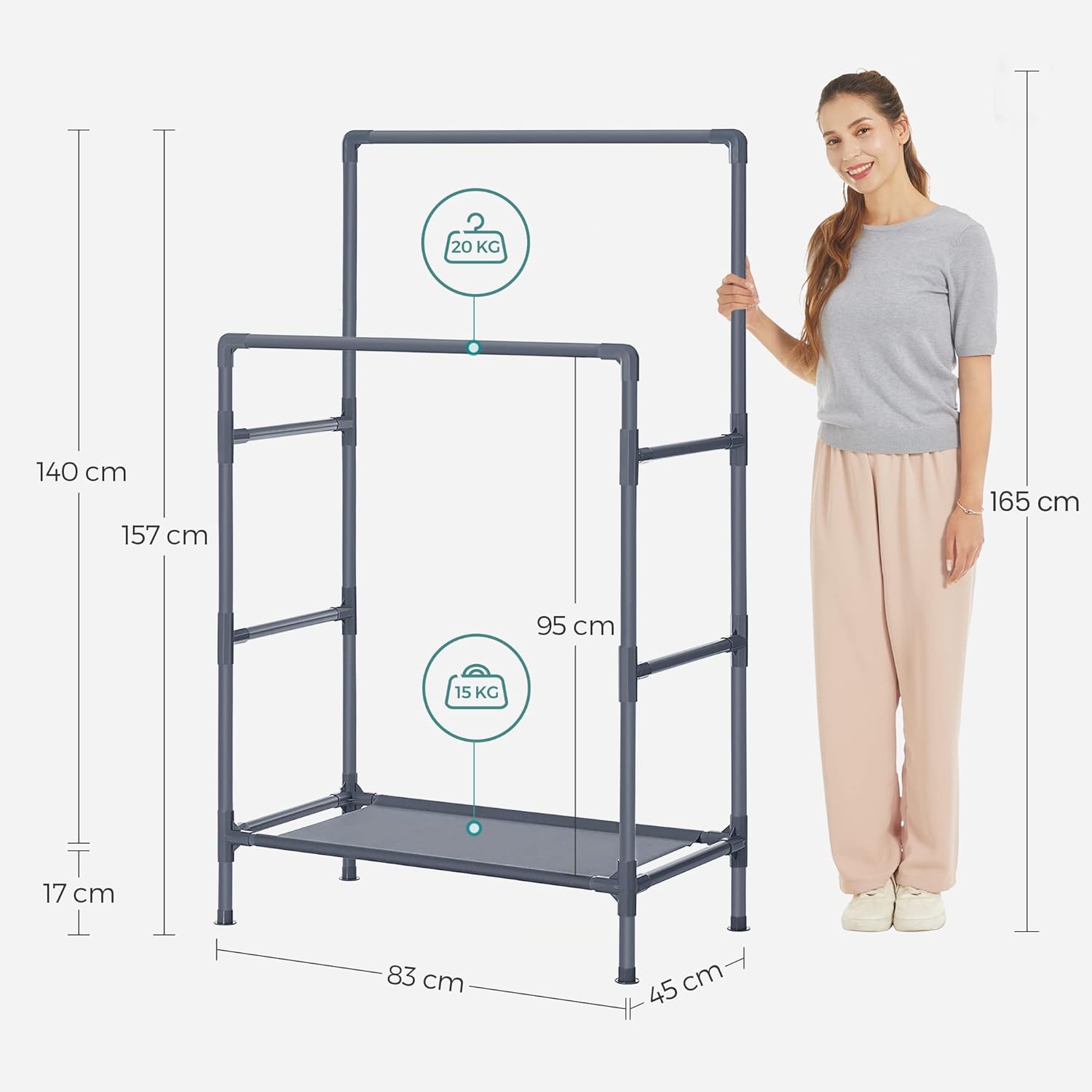 SONGMICS Metal Clothes Rack with 2 Rails Grey