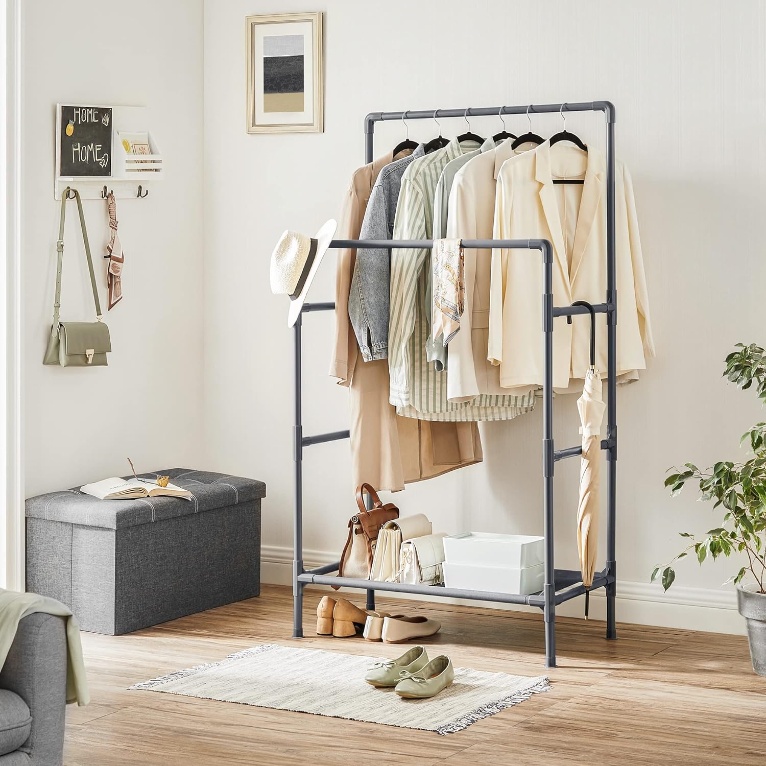 SONGMICS Metal Clothes Rack with 2 Rails Grey