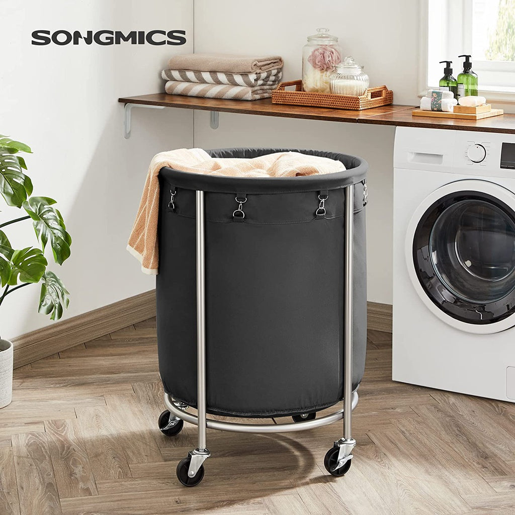 SONGMICS Laundry Basket with Wheels with Steel Frame and Removable Bag Black