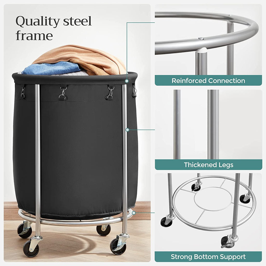 SONGMICS Laundry Basket with Wheels with Steel Frame and Removable Bag Black