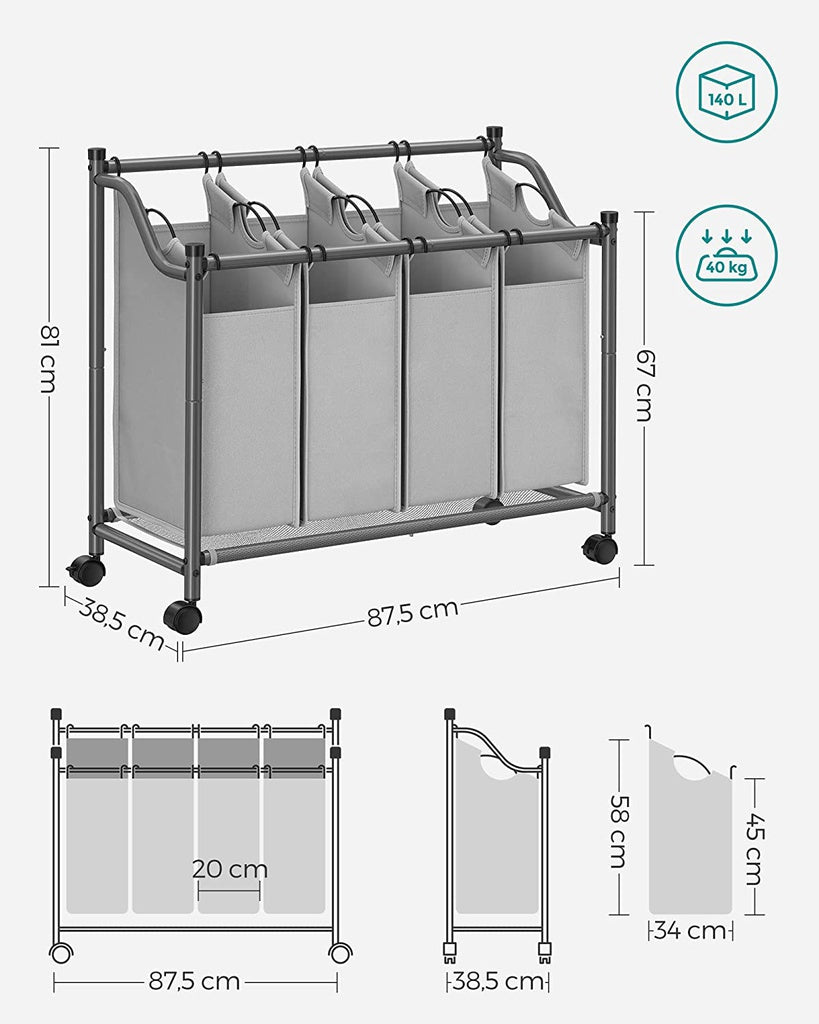 SONGMICS Laundry Basket with 4 Removable Laundry Bin on Wheels Gray