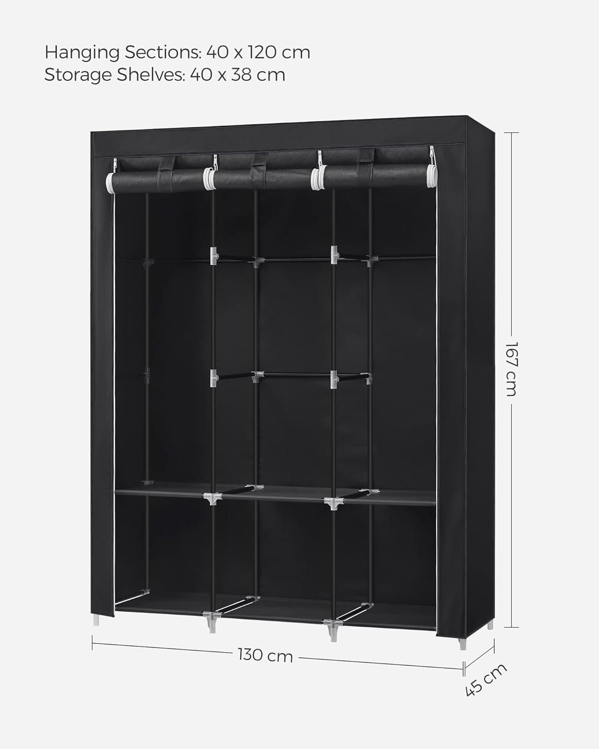 SONGMICS Clothes Wardrobe Portable Closet with Cover and 3 Hanging Rails Black