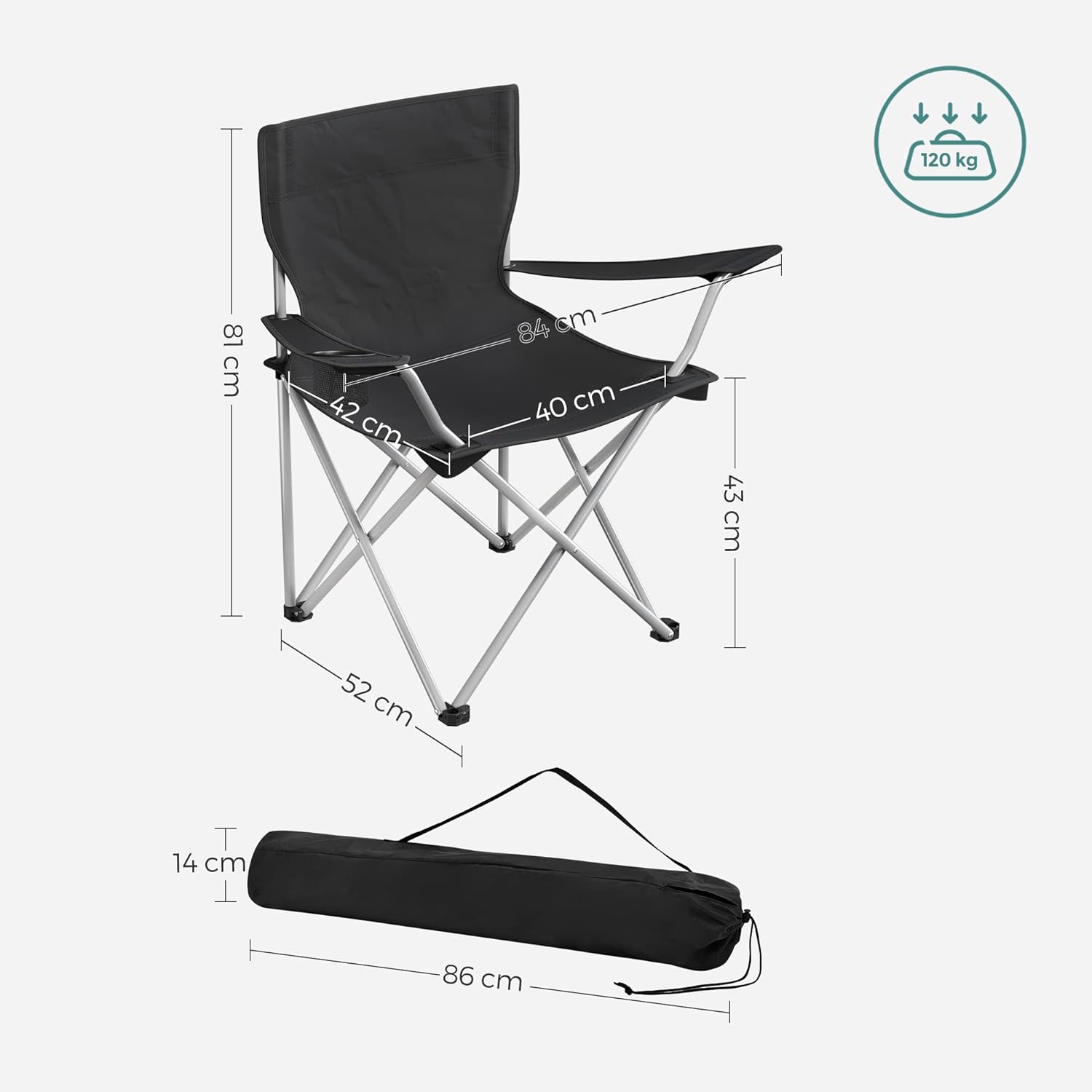 SONGMICS Set of 2 Folding Camping Outdoor Chairs with Armrests and Cup Holders Black