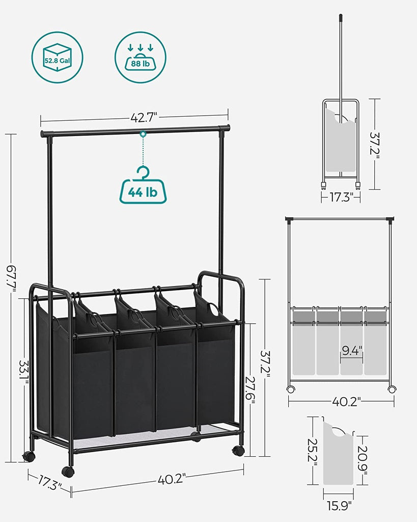 SONGMICS 4-Bag Laundry Sorter Rolling Cart with Hanging Bar Heavy-Duty Wheels Black