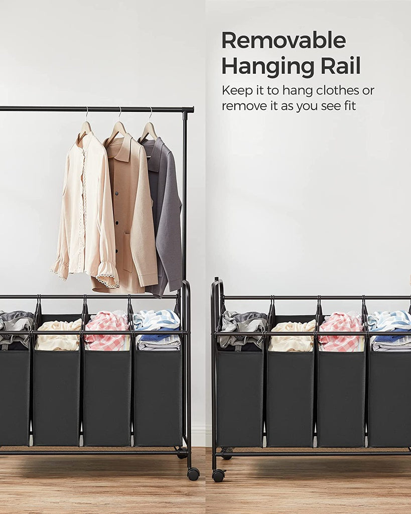 SONGMICS 4-Bag Laundry Sorter Rolling Cart with Hanging Bar Heavy-Duty Wheels Black