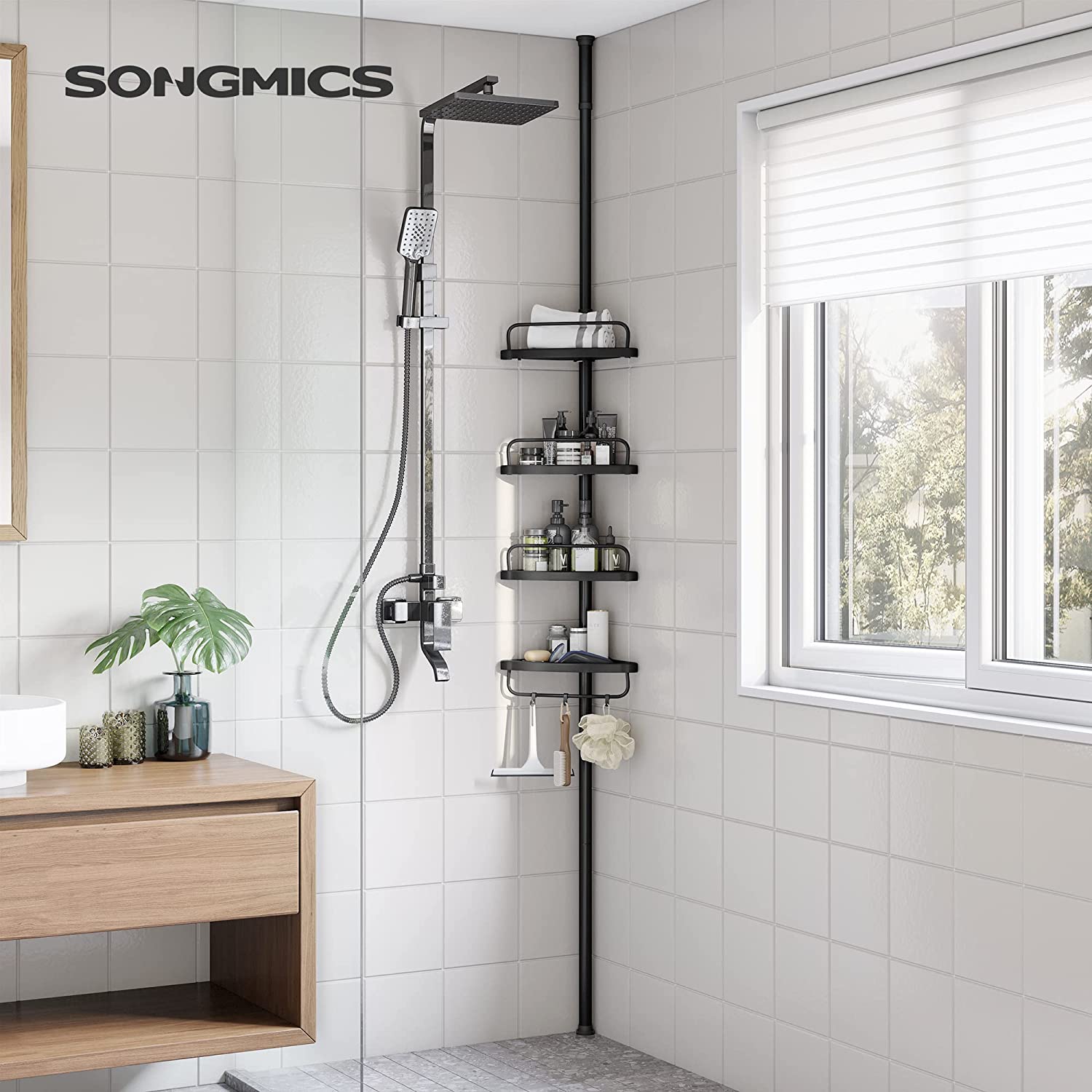 SONGMICS Adjustable Bathroom Corner Shelf with 4 Trays Black