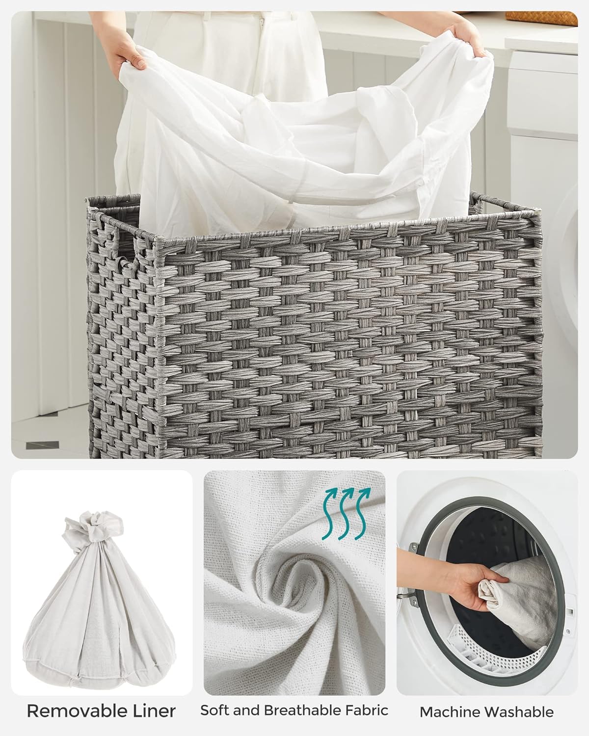 SONGMICS Laundry Hamper with Lid and Wheels 140L Grey