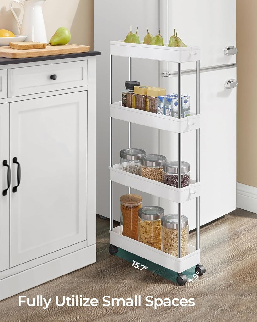 Slim 4-Tier Rolling Storage Cart, Hooks, Lockable Wheels, SONGMICS