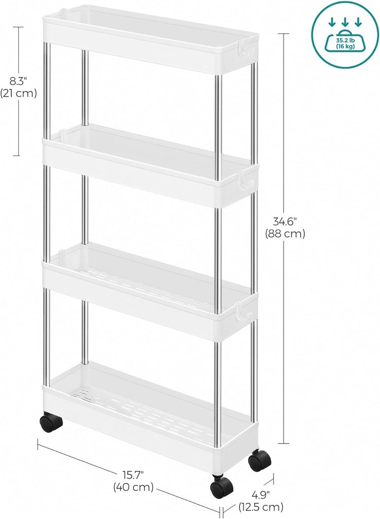 Slim 4-Tier Rolling Storage Cart, Hooks, Lockable Wheels, SONGMICS