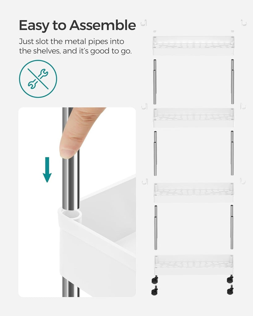 Slim 4-Tier Rolling Storage Cart, Hooks, Lockable Wheels, SONGMICS