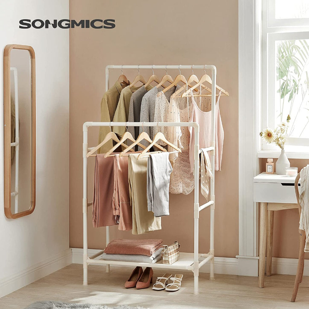 SONGMICS Metal Coat Rack with 2 Clothes Rails and Shelf