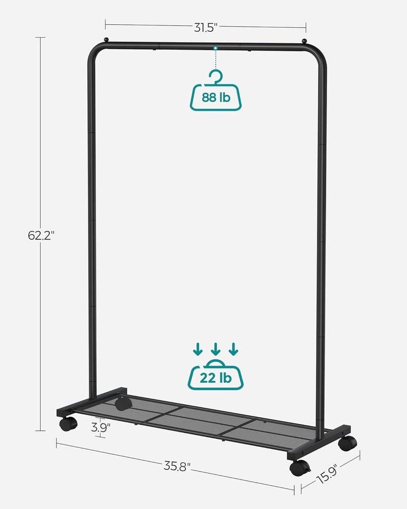 Durable Steel Clothes Rack w/ Wheels, Shelf, 88 lbs Capacity - Songmics