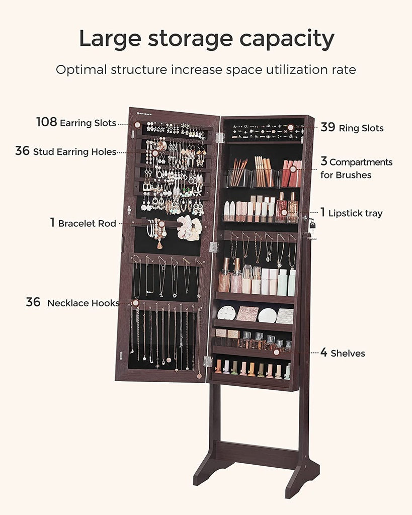 SONGMICS Jewelry Cabinet Armoire with Full-Length Frameless Mirror Brown