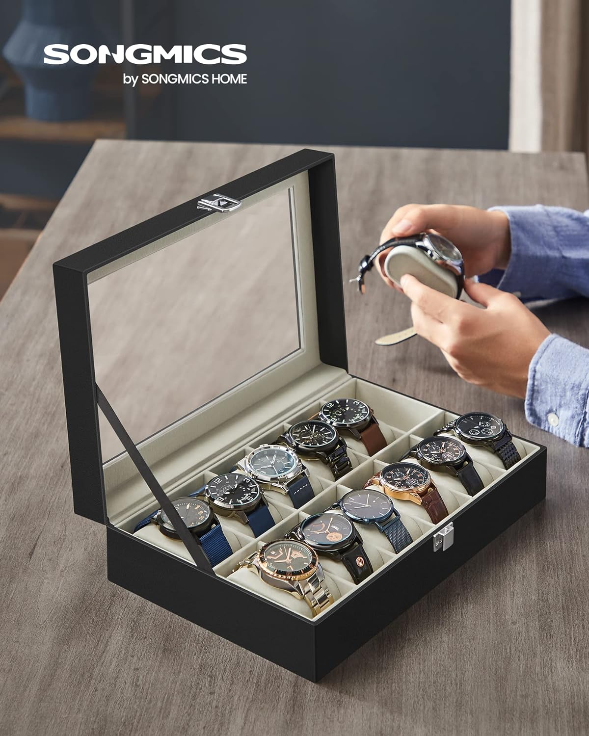 12-Slot Watch Box with Glass Lid, PU Leather, Velvet Lining, SONGMICS