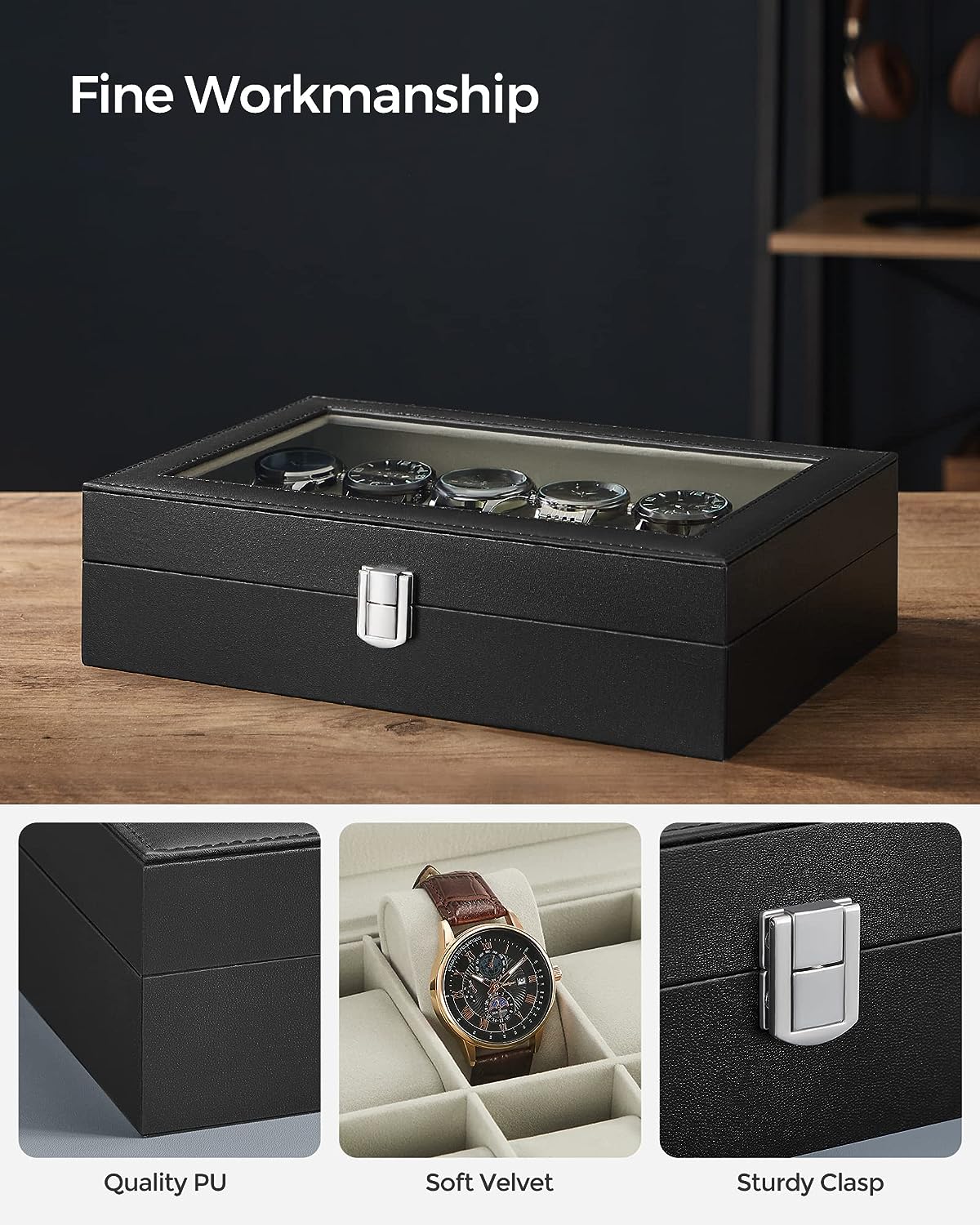 12-Slot Watch Box with Glass Lid, PU Leather, Velvet Lining, SONGMICS