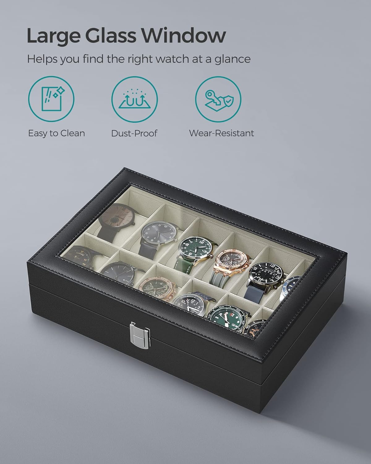 12-Slot Watch Box with Glass Lid, PU Leather, Velvet Lining, SONGMICS