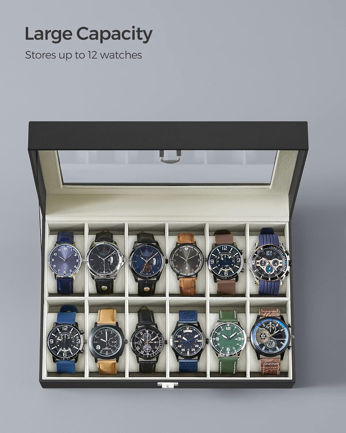 12-Slot Watch Box with Glass Lid, PU Leather, Velvet Lining, SONGMICS