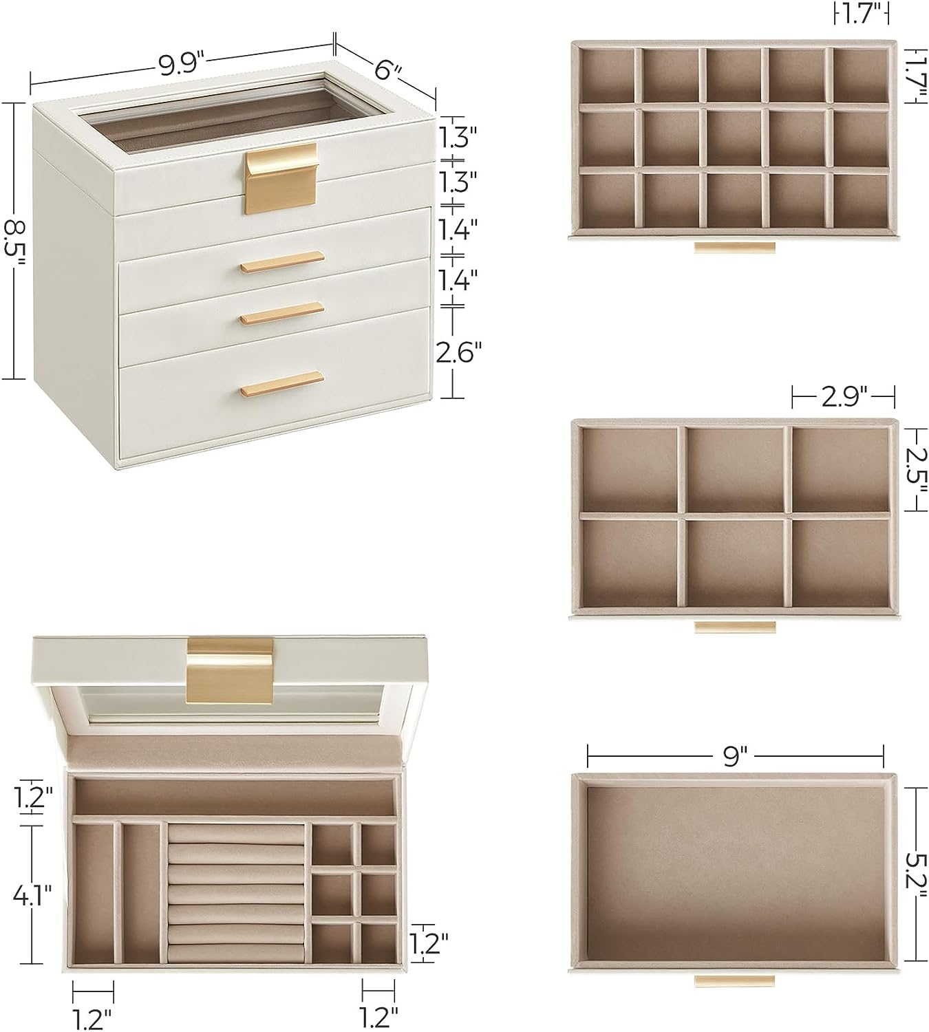 4-Layer Jewelry Box with Glass Lid, 3 Drawers, MDF, PU - SONGMICS