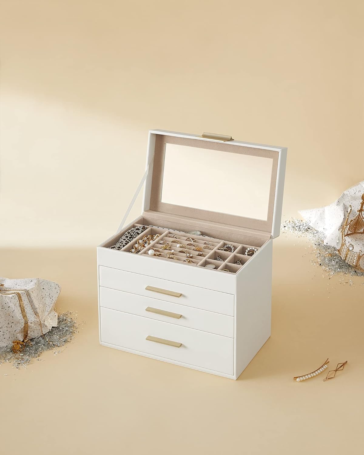 4-Layer Jewelry Box with Glass Lid, 3 Drawers, MDF, PU - SONGMICS