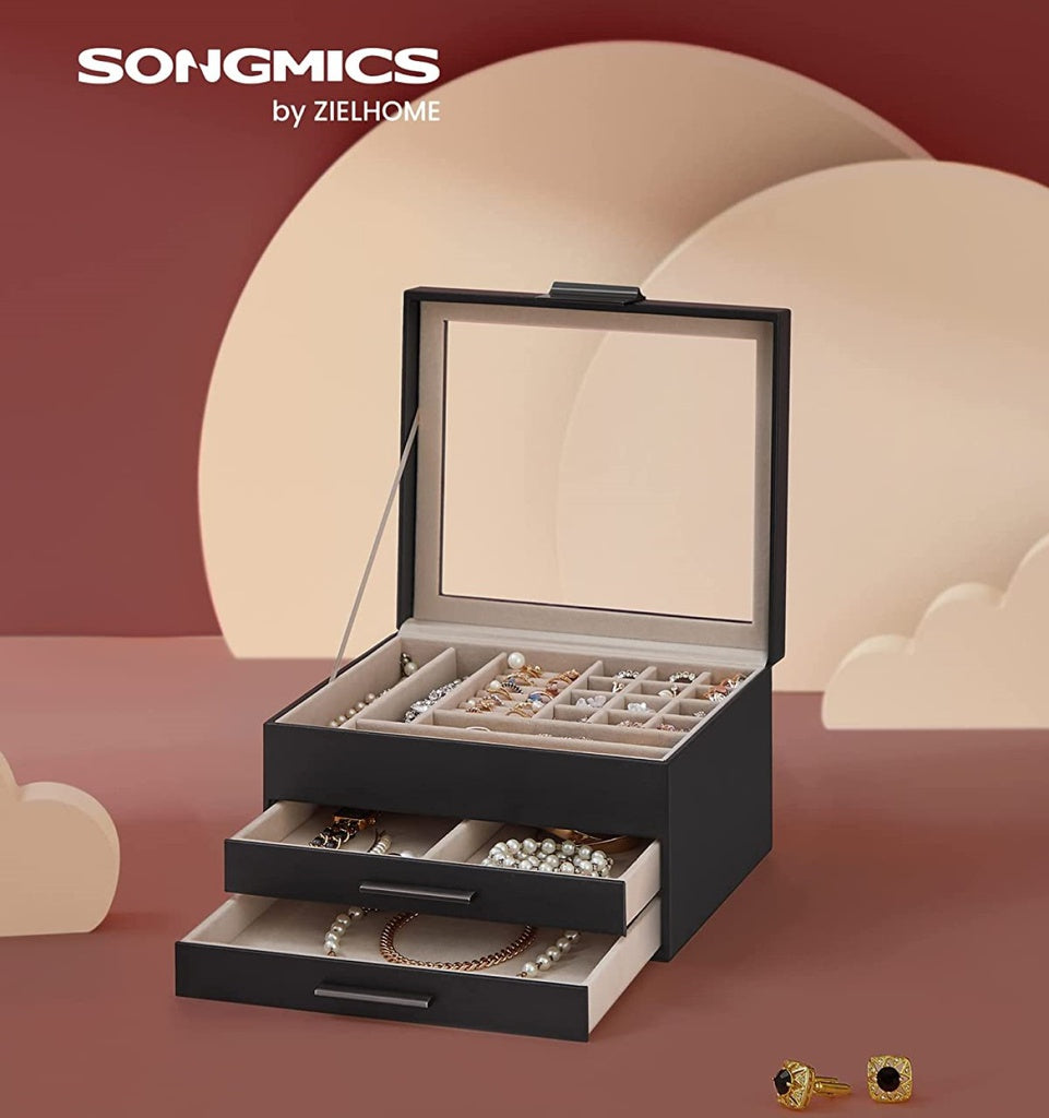 SONGMICS Jewelry Box 3-Layer with 2 Drawers Graphite Black