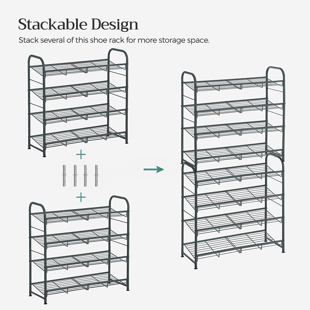 Adjustable 4-Tier Steel Shoe Rack for 16 Pairs - Gray, SONGMICS