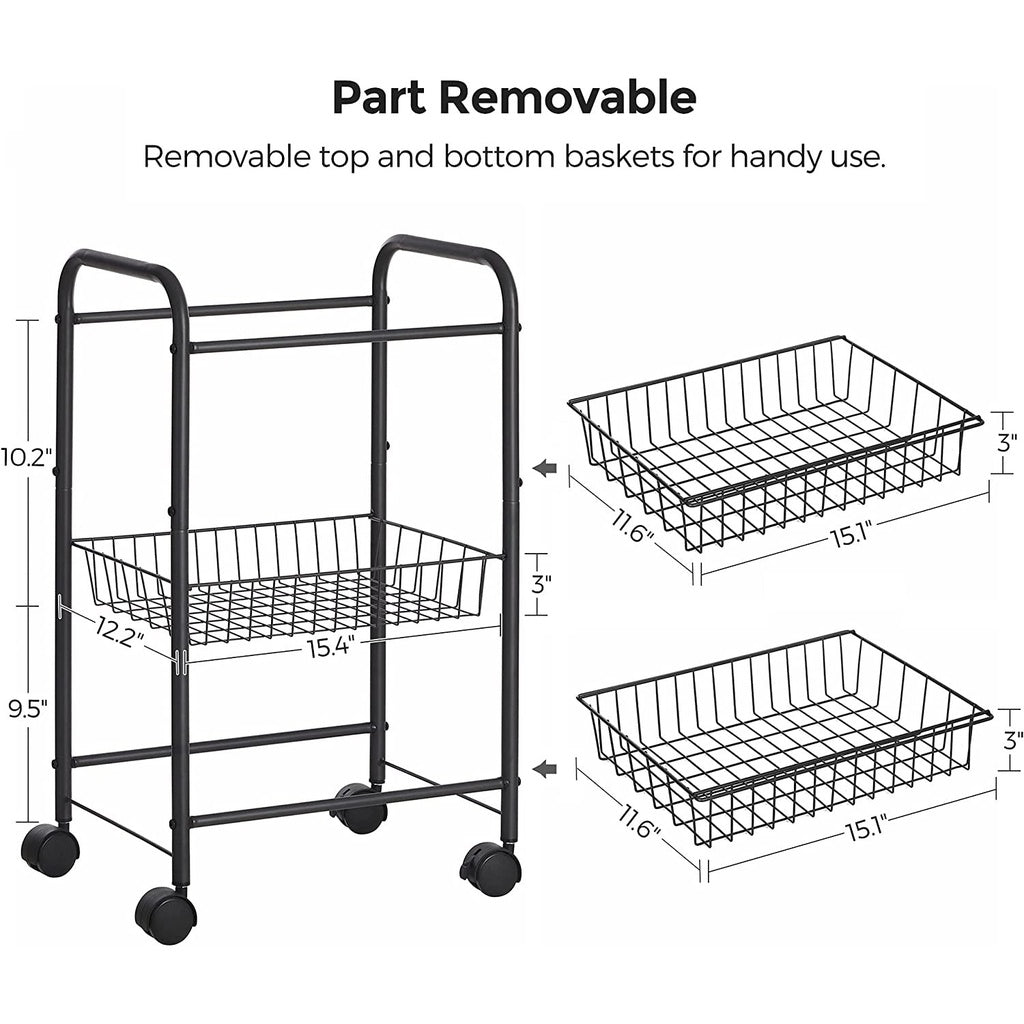 3-Tier Metal Rolling Cart, Removable Shelves, Black, SONGMICS