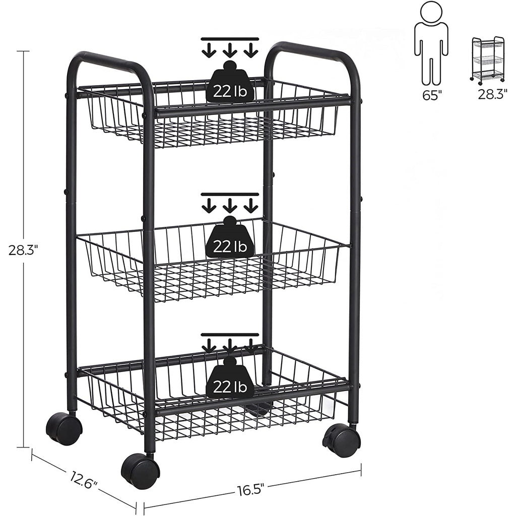 3-Tier Metal Rolling Cart, Removable Shelves, Black, SONGMICS