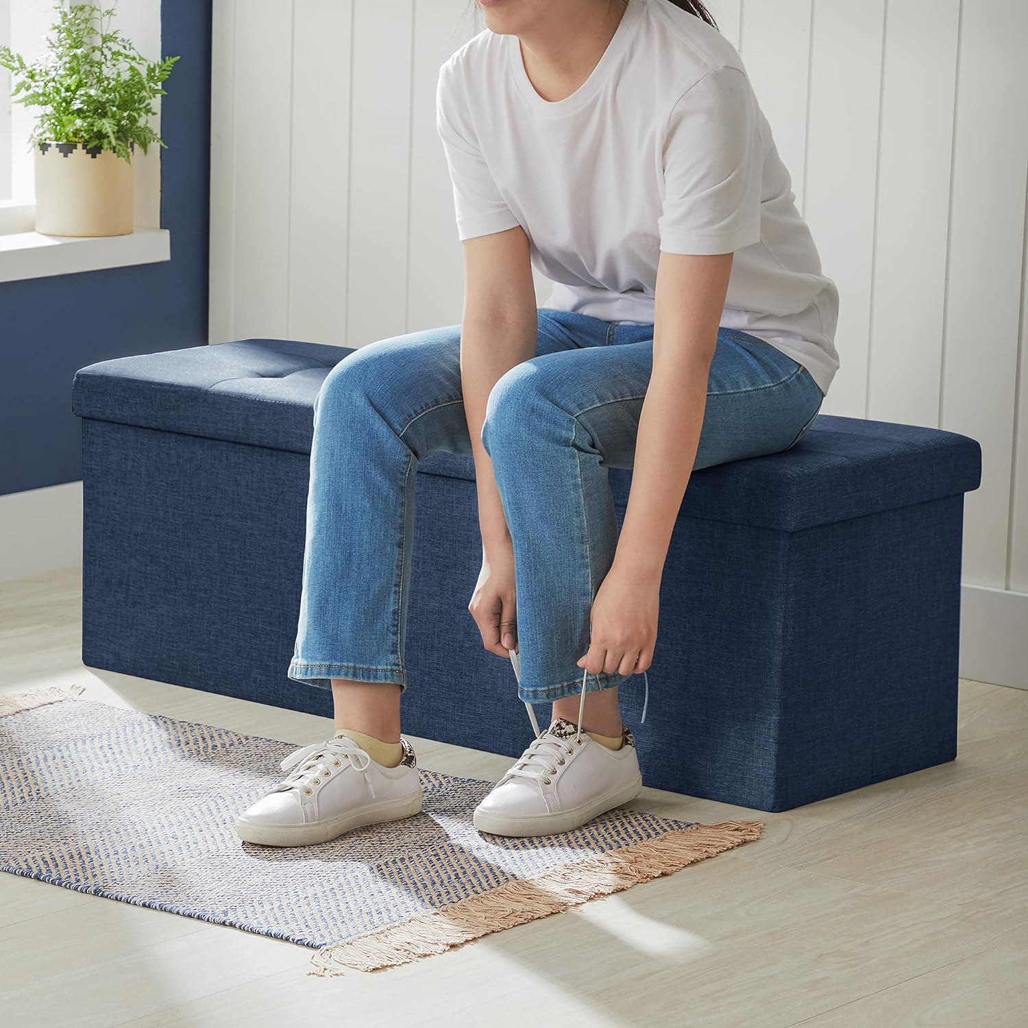 Foldable Bench with Storage, Padded Seat, MDF - SONGMICS