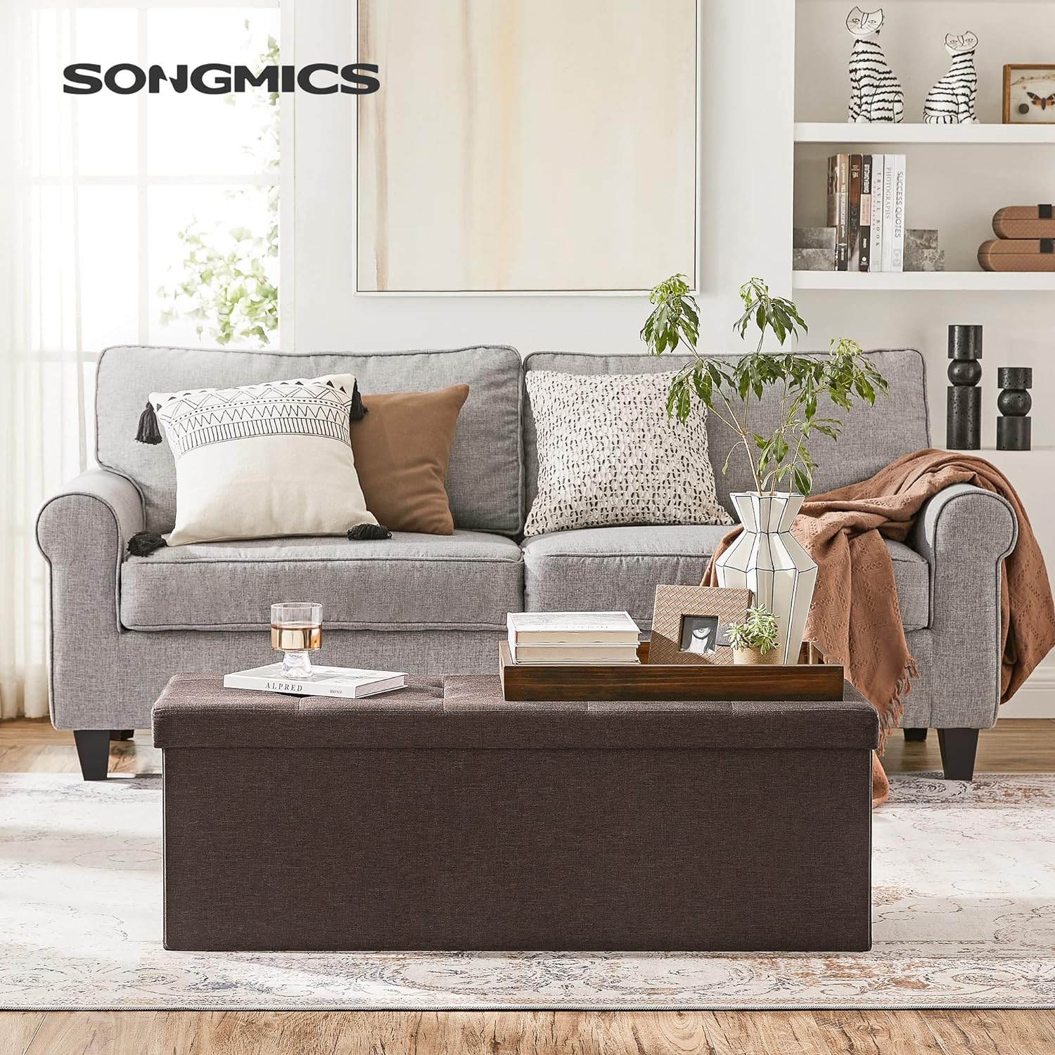 Stylish Foldable Storage Ottoman Bench, 660lb, Brown - SONGMICS