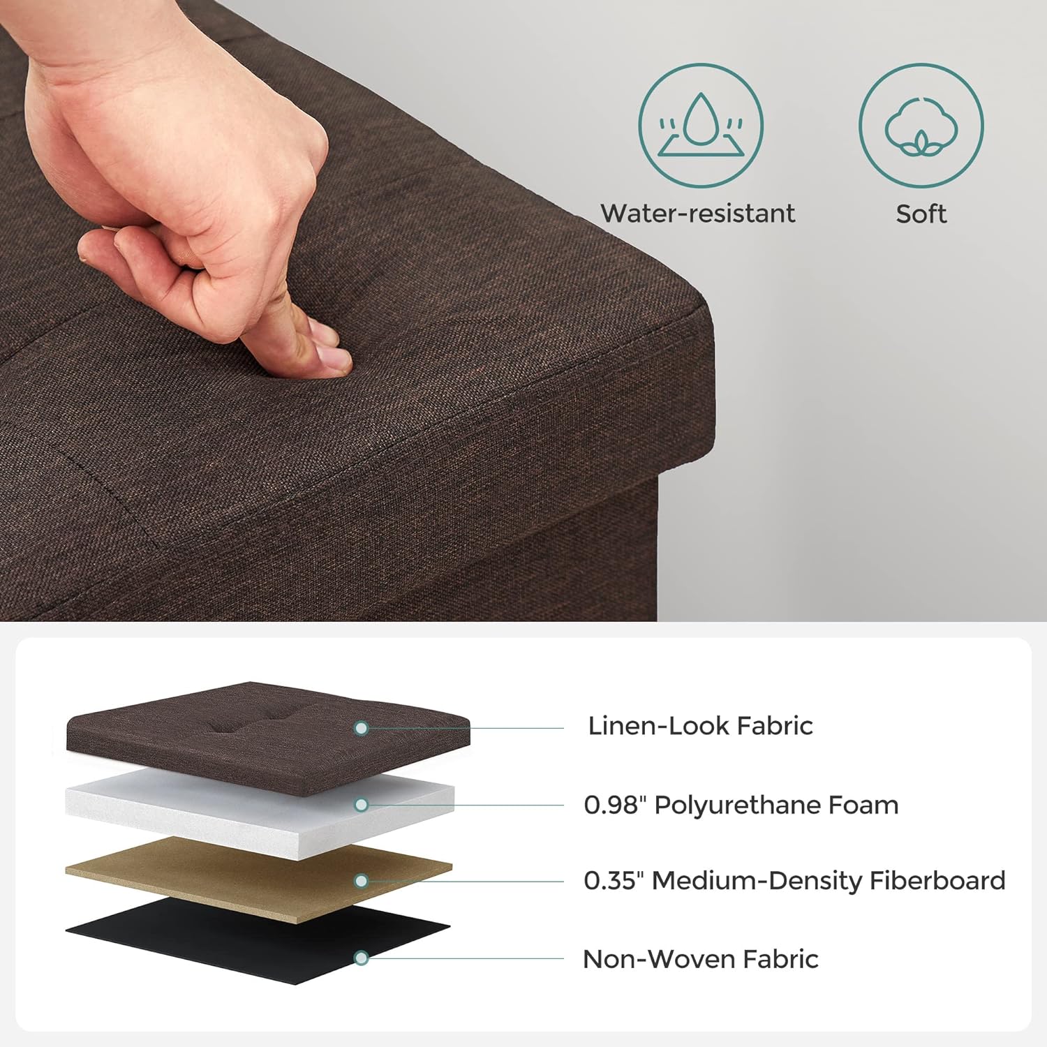 Stylish Foldable Storage Ottoman Bench, 660lb, Brown - SONGMICS