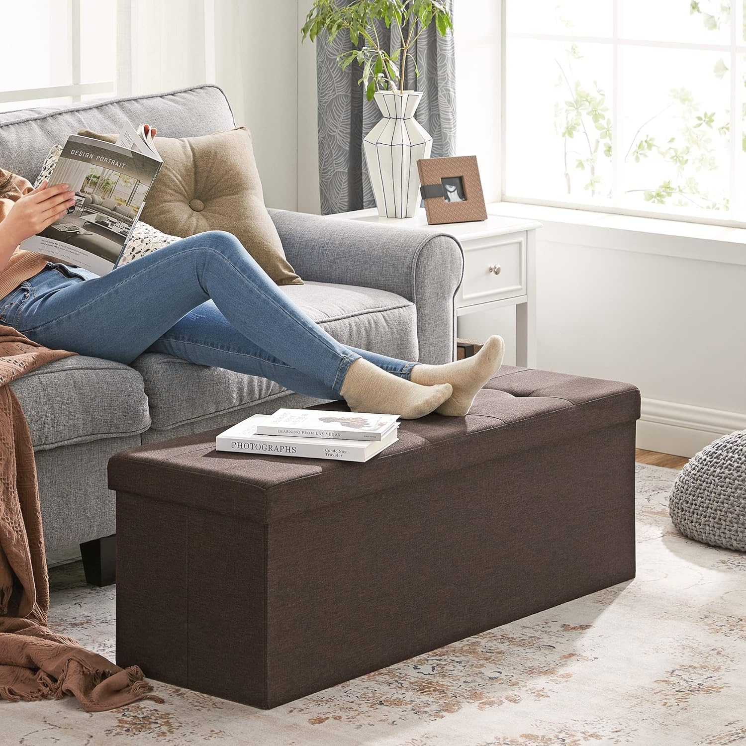 Stylish Foldable Storage Ottoman Bench, 660lb, Brown - SONGMICS