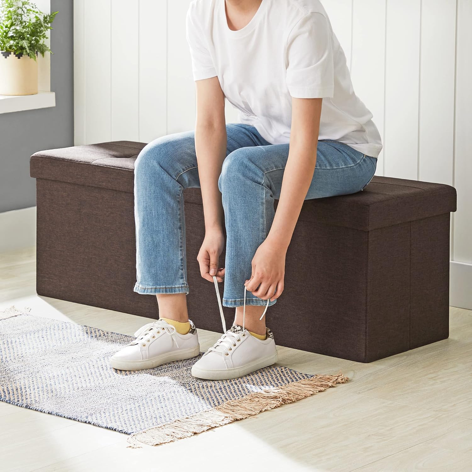 Stylish Foldable Storage Ottoman Bench, 660lb, Brown - SONGMICS