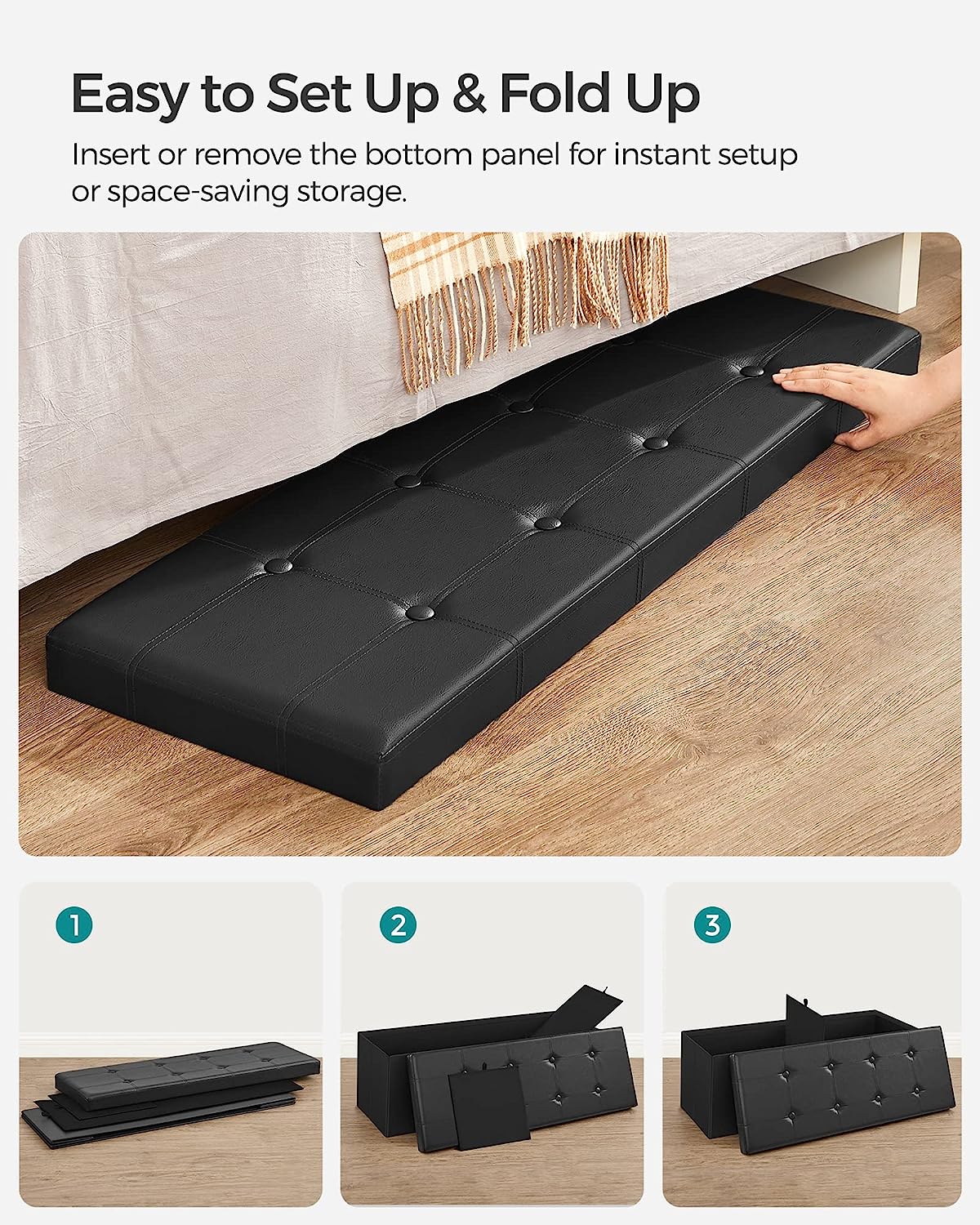 109cm Folding Storage Ottoman Bench, 660 lb Capacity, Black, SONGMICS