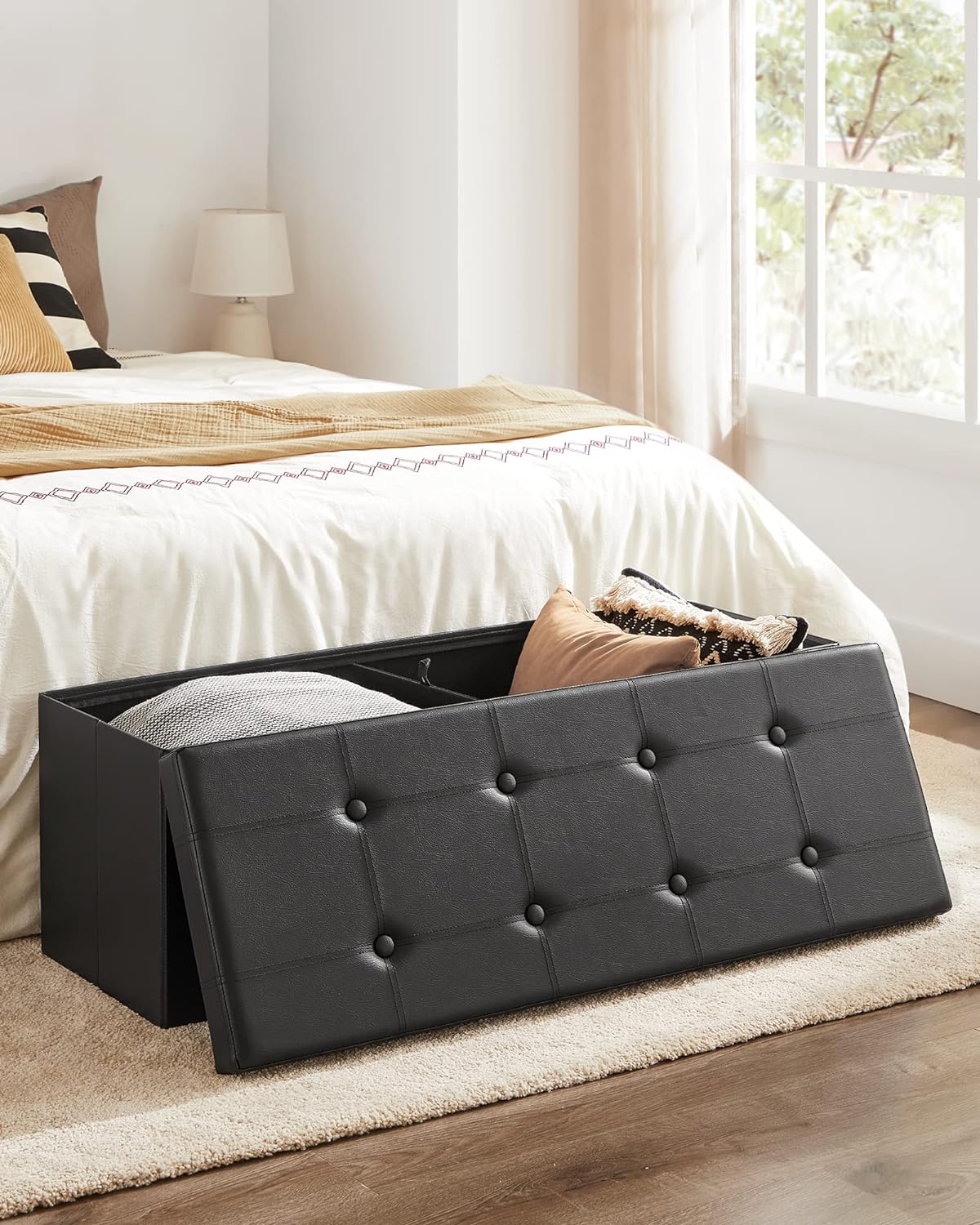 109cm Folding Storage Ottoman Bench, 660 lb Capacity, Black, SONGMICS