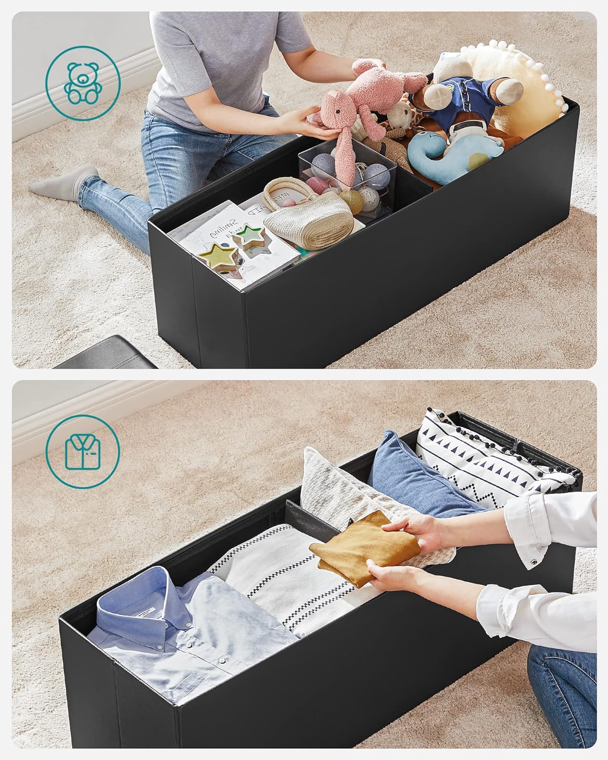 109cm Folding Storage Ottoman Bench, 660 lb Capacity, Black, SONGMICS