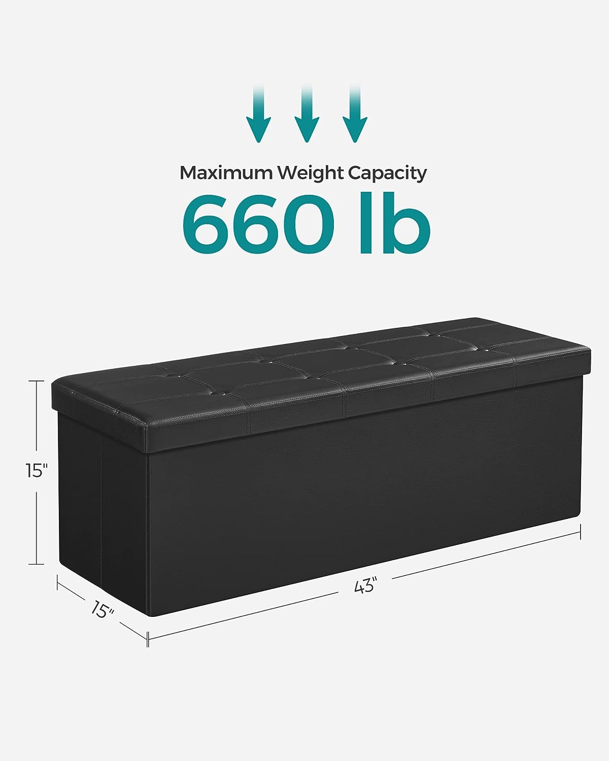 109cm Folding Storage Ottoman Bench, 660 lb Capacity, Black, SONGMICS