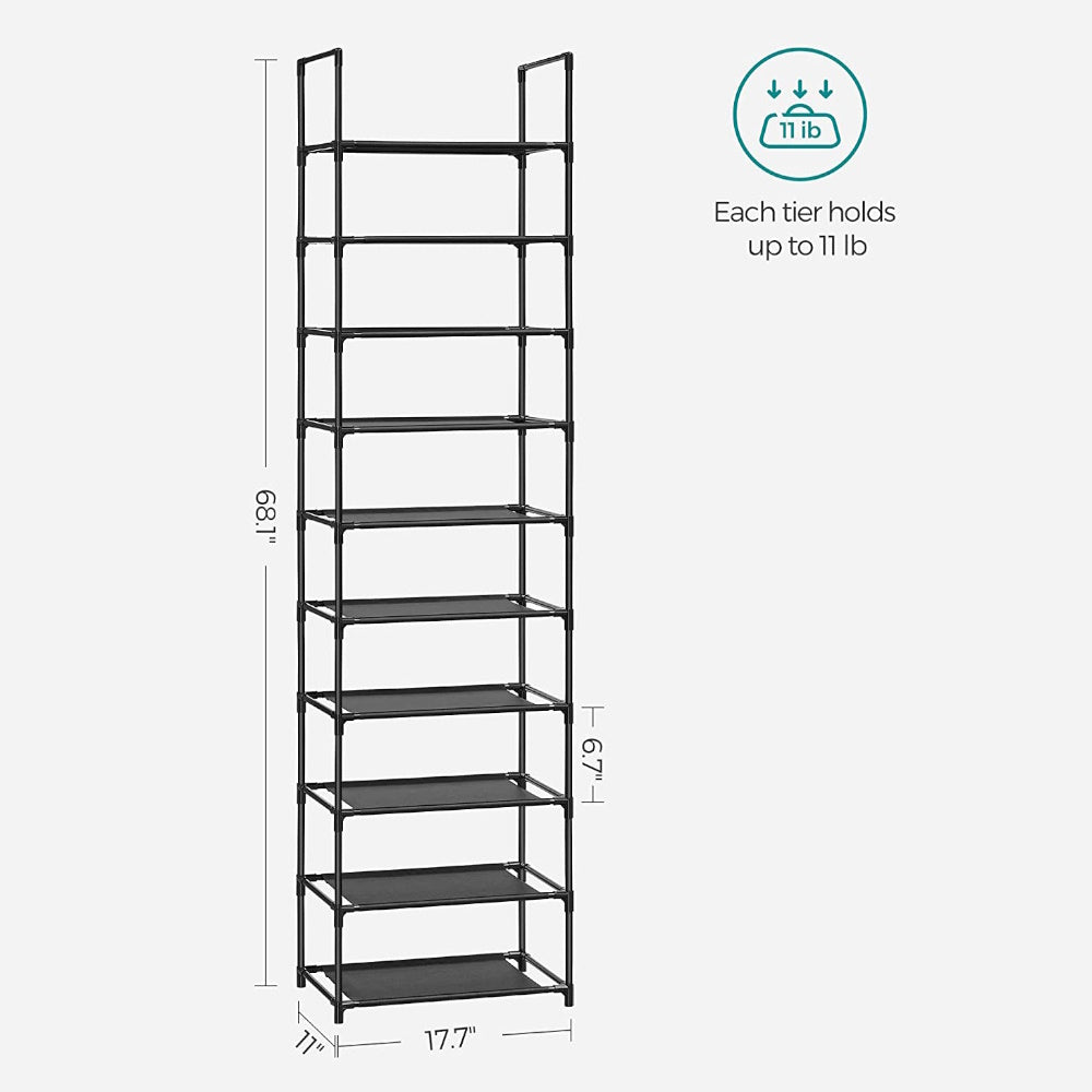 Black 10-Tier Metal Shoe Rack, Non-Woven Fabric Shelves