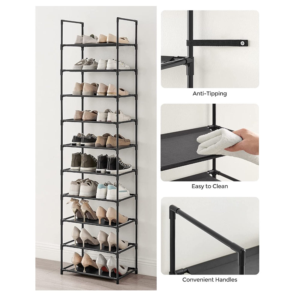 Black 10-Tier Metal Shoe Rack, Non-Woven Fabric Shelves