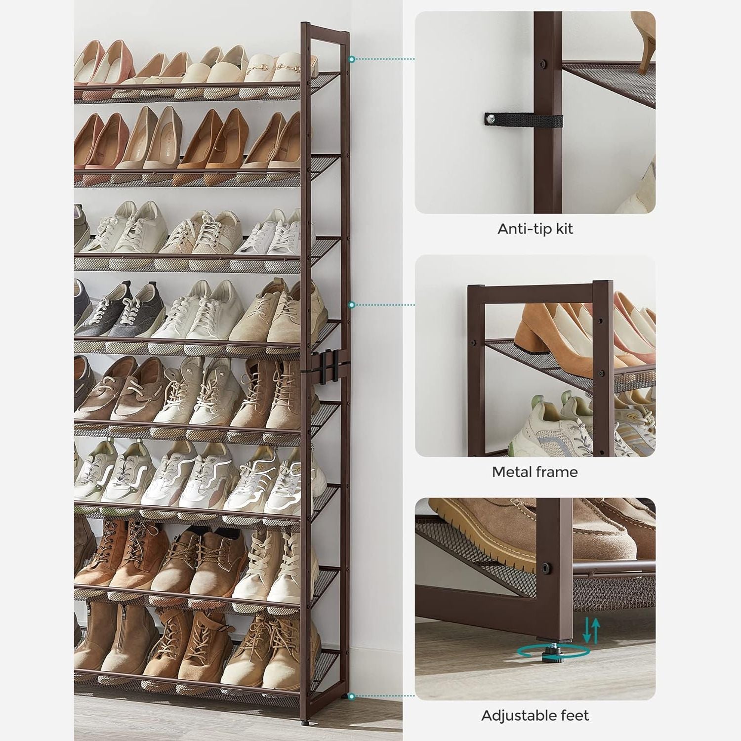 SONGMICS 8-Tier Shoe Rack Storage 32 pairs with Adjustable Shelves Bronze