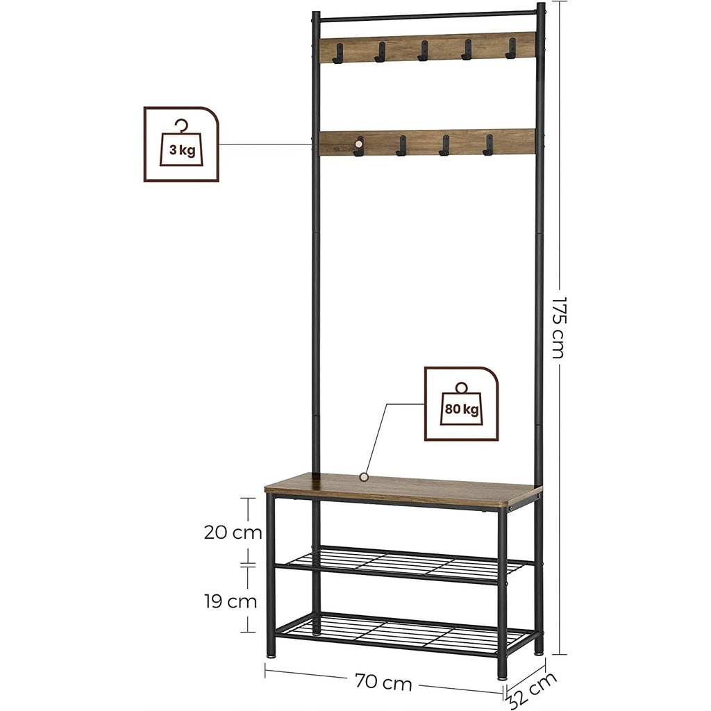 Adjustable Coat Shoe Rack with Bench, Shelves - Walnut/Black VASAGLE