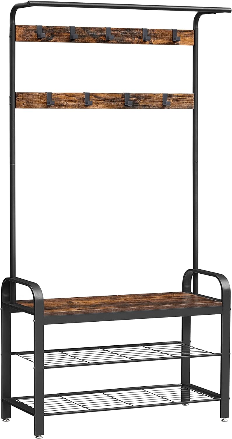 VASAGLE 4-in-1 Coat Rack with Shoe Bench and 9 Removable Hooks Rustic Brown and Black